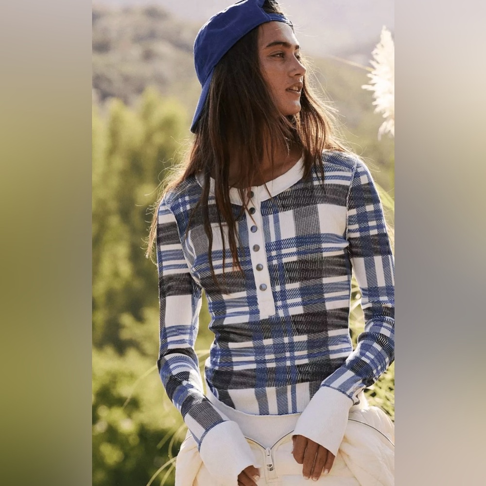 FP Movement by Free People Blue and White Fitted Long Sleeve Polo